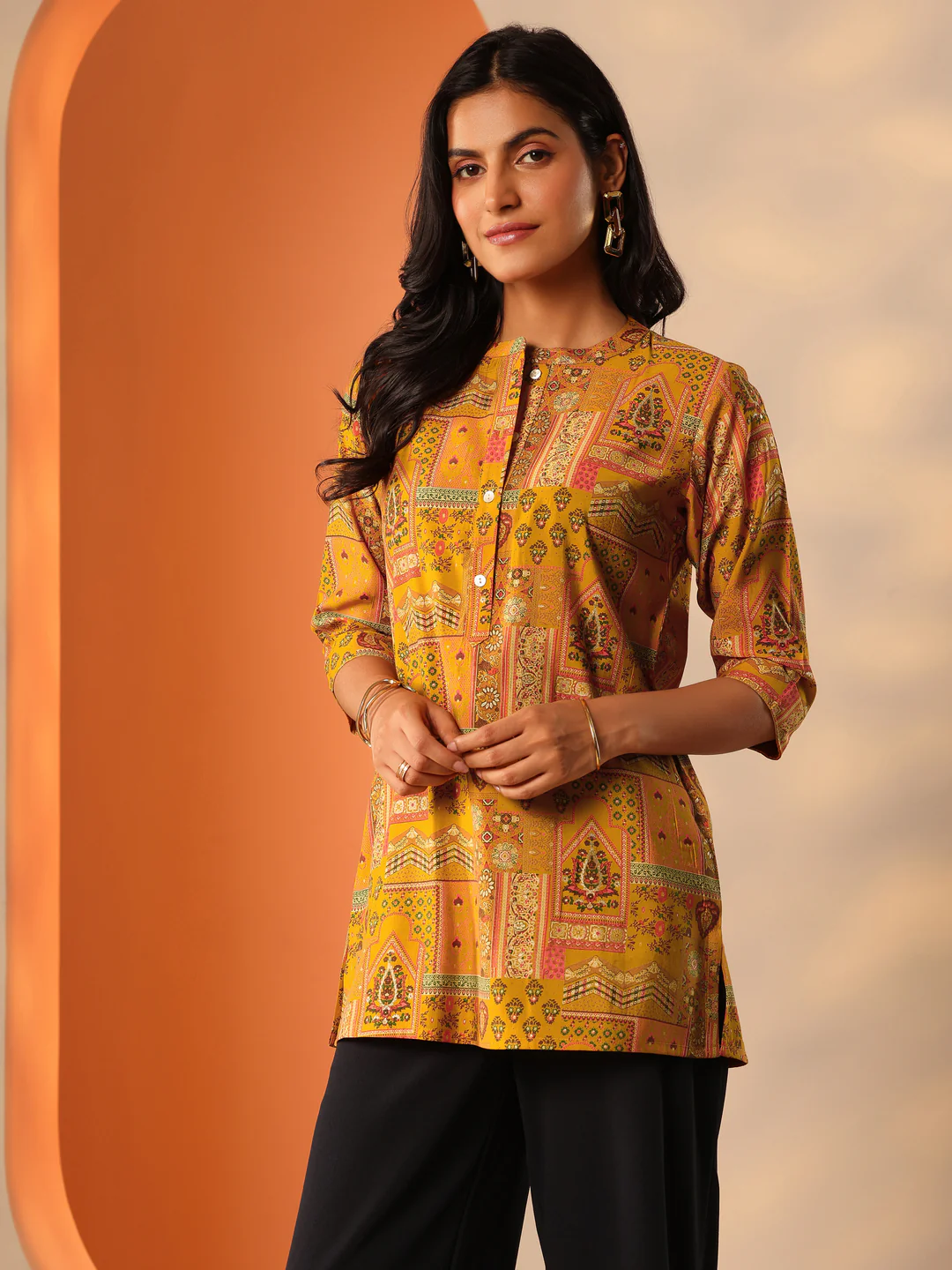 Yellow Printed Short Kurti